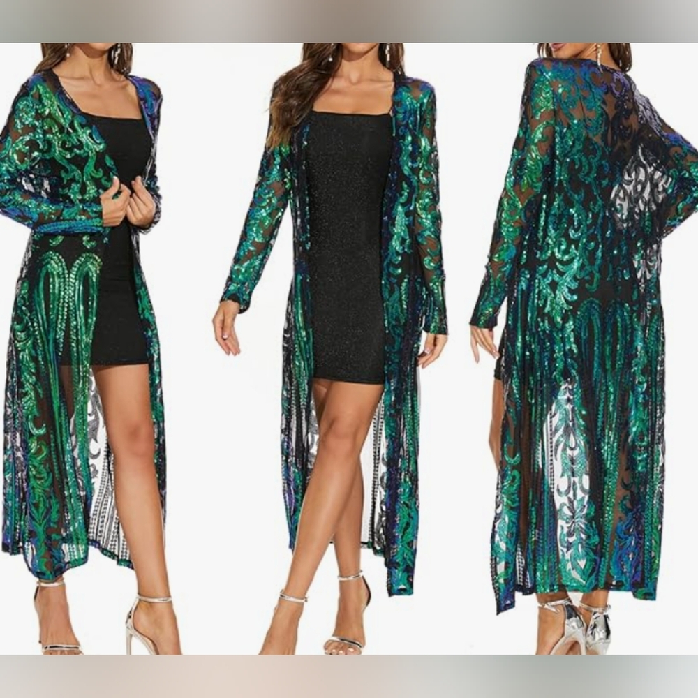 Sequin Cardigan Cover Up Dress Glitter Sparkle Open Front Coat Duster 14 16